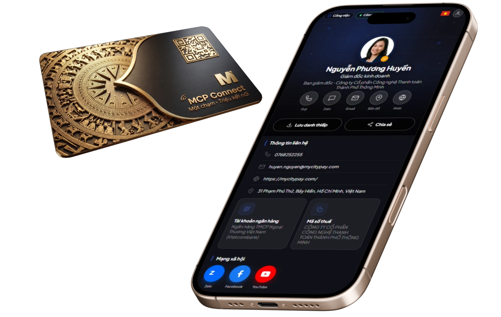 Thẻ vật lý NFC và điện thoại hiển thị trang chính của danh thiếp MCP Connect